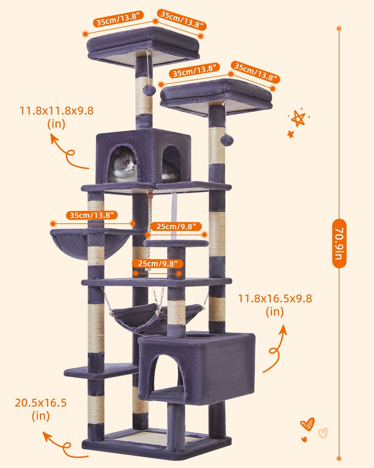 Taoqimiao Cat Tree, 71-Inch Cat Tree Cat Tower for Indoor Cats, Plush Multi-Level Cat Condo with 10 Scratching Posts, 2 Perches,Basket, 2 Caves,Hammock, 2 Pompoms,MS020G Beige Smoky Gray