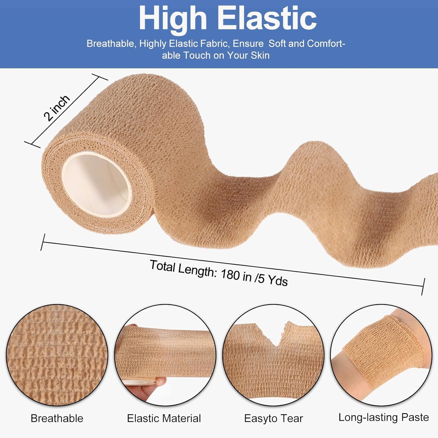 LDIWEE 24 Pack Self Adhesive Bandage Wrap, 2" X 5 Yards Cohesive Bandage Wrap Medical Tape Elastic Vet Wrap Grip Tape for First Aid, Sports, Ankle, Wrist Sprains, Dog