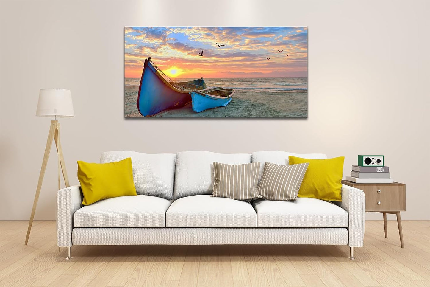 Ocean Sunset Canvas Wall Art for Living Room Sail Boat Framed Artwork Seascape Painting Coastal Pictures for Bedroom Office Wall Decoration 20x40 Inch