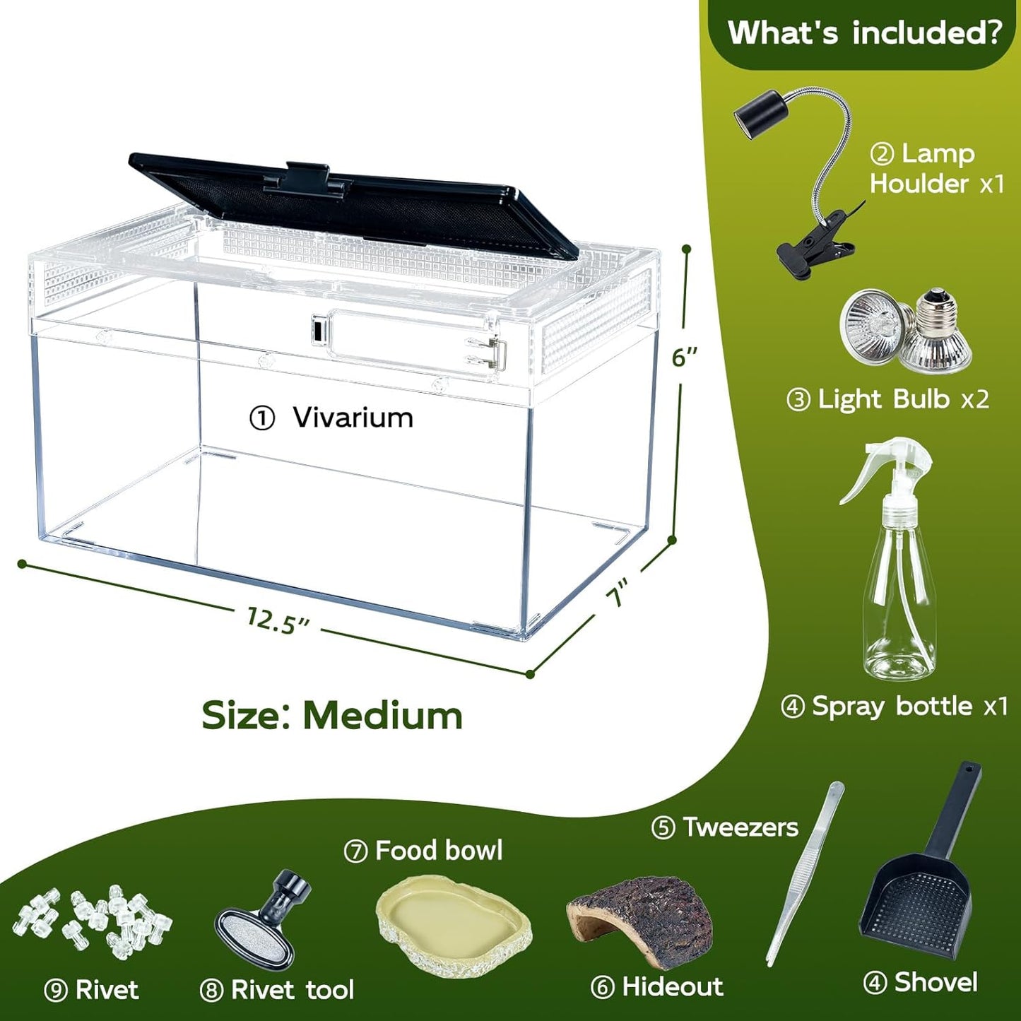 12.5''×6''×7'' Reptile Tank Kit with Heat Lamp, Spray Bottle, Shovel, Tweezers, Food Bowl, Hideout -Perfect for Geckos, Snakes, Lizards, Turtles, Jumping Spider,Milk Frog,Hermit Crabs