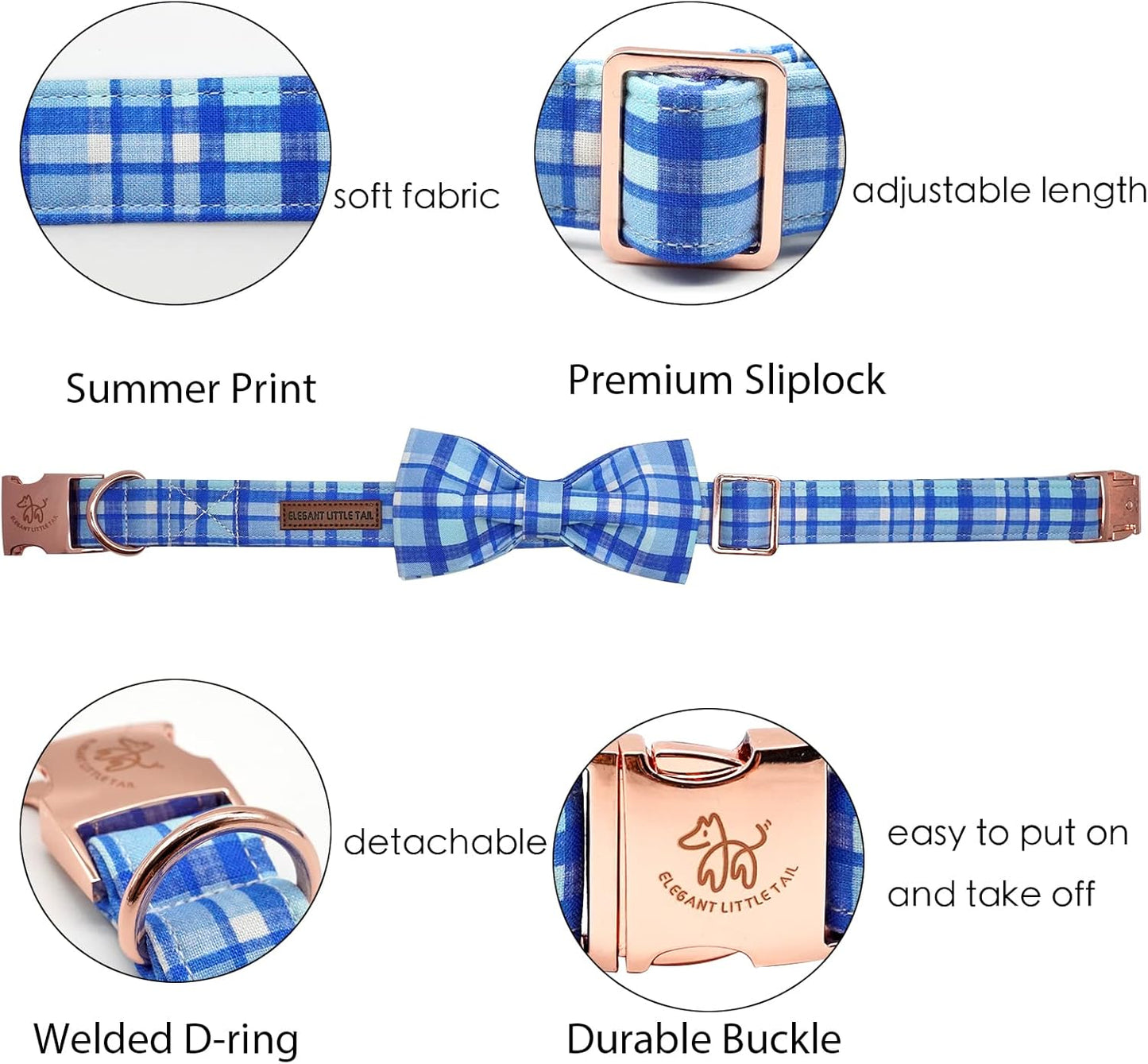 Elegant little tail Dog Collar with Bow - Blue Plaid Boy Dog Collar Cute Bowtie Pet Collar Adjustable Dog Collar for Medium Dog