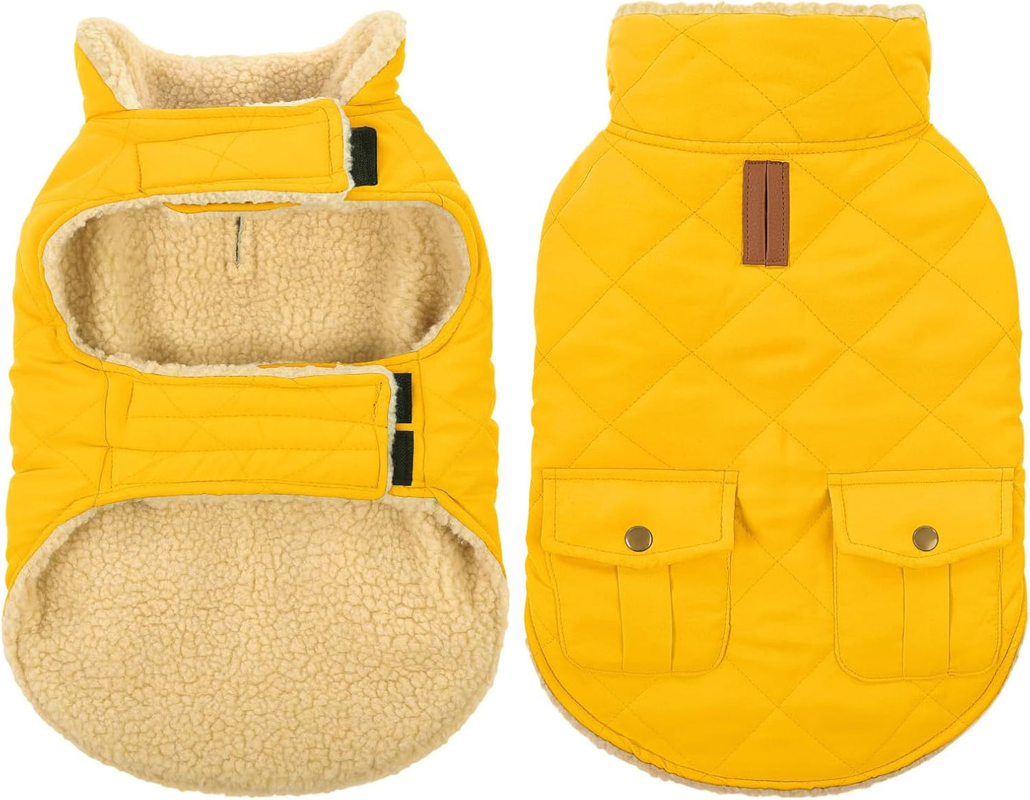 Queenmore Dog Winter Coat Warm Puffer Jacket Waterproof Plush Lining Thermal Cold Weather Vest for Small Medium Large Dogs, Windproof Easy On Pet Jacket Yellow S