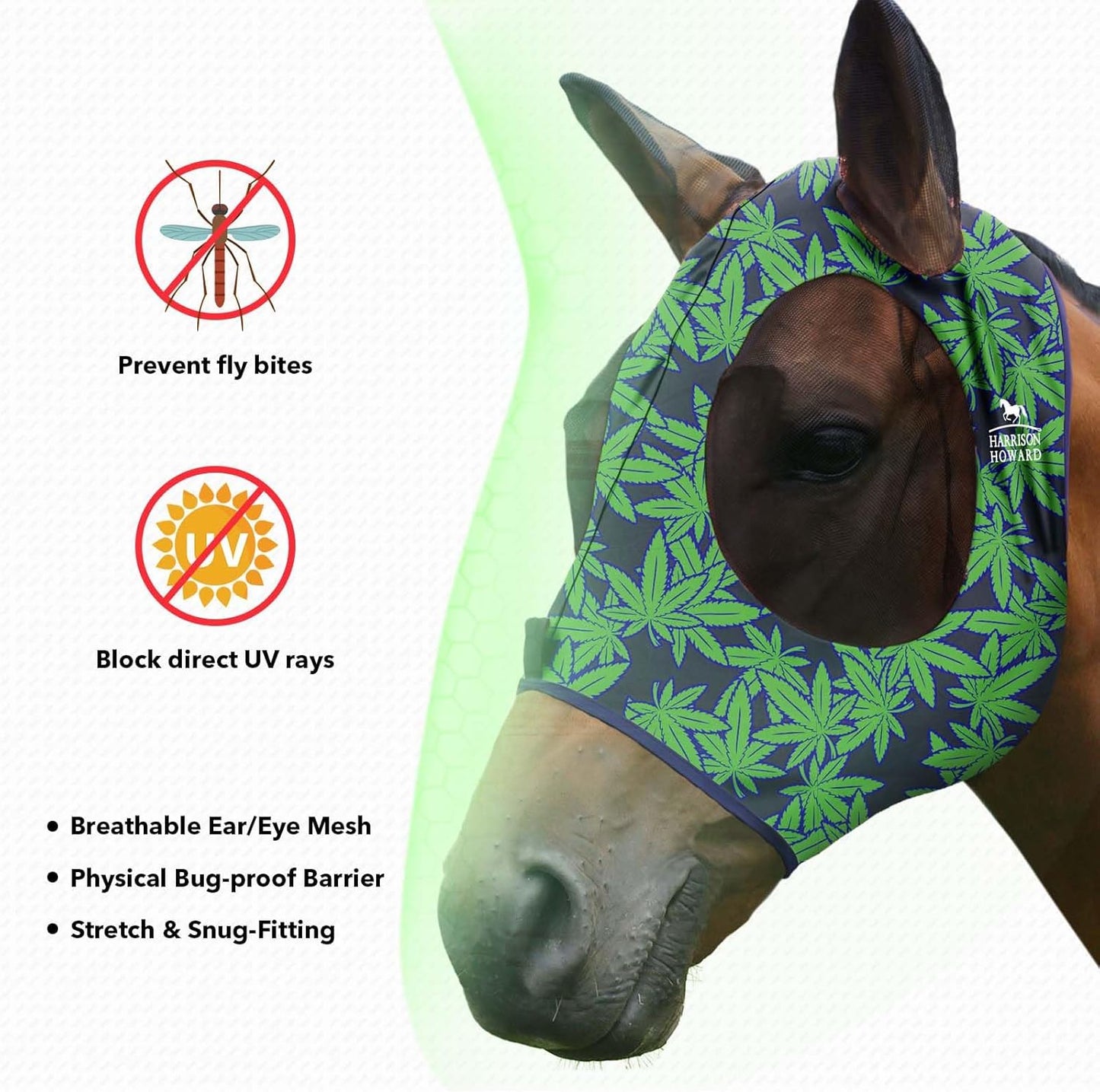 Harrison Howard Super Comfort Stretchy Fly Mask Large Eye Space with UV Protection Soft on Skin with Breathability Live Leaf S