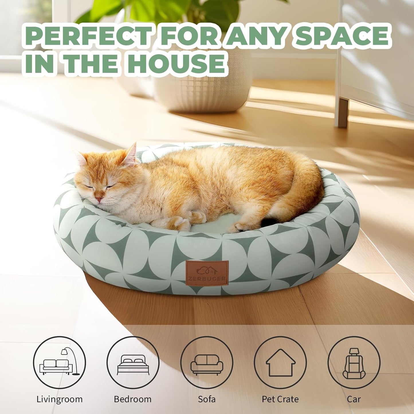 Cat Bed, 20In Dog Beds for Small Dogs, Calming Cat & Dog Beds for Indoor Pets, Pet Beds Comfortable Donut Round Ultra Soft (Green Pattern, 20.0" L x 20.0" W x 6.5" Th)