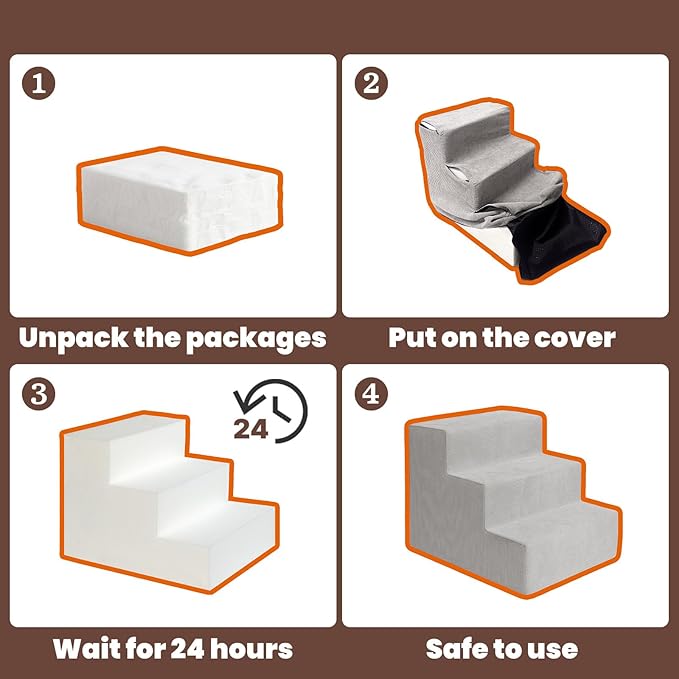 MEWANG Dog Stairs for Small & Medium Dogs and Old Cats –3/4/ 5 Steps High-Density Foam Pet Ramp for Bed & Couch, Non-Slip, Washable Cover, Grey (Square Corner, 4 Steps: 23.94''×18.27''×14.96'', 2)