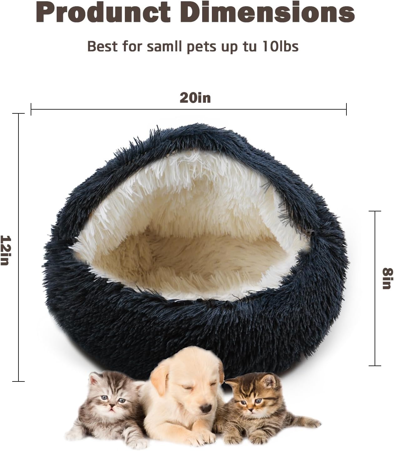 Cat Bed for Indoor Cats, Calming Cozy Cave with Self-Warming Plush, Entire Bed Machine Washable & Anti-Slip Base, Breathable Pet Bed for Small Cats&Dogs All Seasons (Dark Gray, 20 * 20inch)