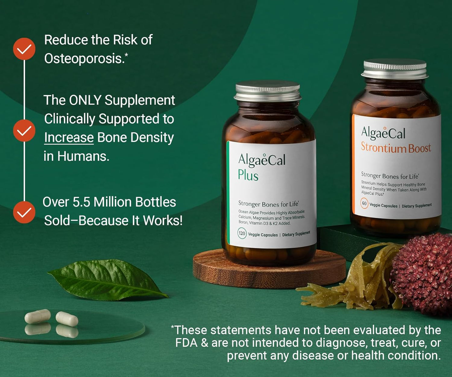 AlgaeCal - Bone Builder Pack for Bone Density Increase, Clinically Supported Plant Based Calcium Supplement & Strontium, Vitamins K2 (100mg), D3 (1600 IU), Magnesium & 16 Essential nutrients