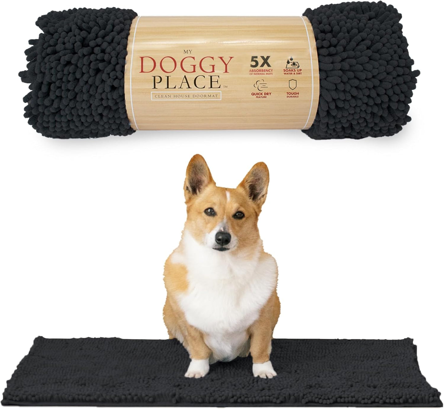 My Doggy Place Microfiber Dog Mat for Muddy Paws, 31" x 20" Charcoal - Absorbent and Quick-Drying Dog Paw Cleaning Mat, Washer and Dryer Safe - Non-Slip Rubber Backed Dog Floor Mat, Medium
