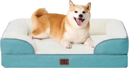 EHEYCIGA Orthopedic Dog Beds for Large Dogs, Waterproof Memory Foam Large Dog Bed with Sides, Non-Slip Bottom and Egg-Crate Foam Pet Couch Bed with Washable Removable Cover, Turquoise Blue