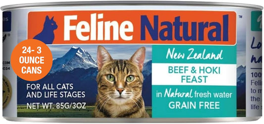 Feline Natural New Zealand Canned Catfood Wet Food, High-Meat, Low-Carb, & Grain Free Cat Food Wet, Beef & Hoki Feast, 3 oz, Pack of 24