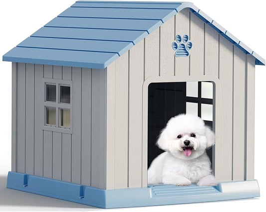 Large Dog House Outdoor Indoor for Medium Large Dogs, Durable Plastic Waterproof Doghouse with Air Vents and Elevated Floor, Easy Clean and Assemble (Blue, 31" L x 33.3" W x 33.5" H)