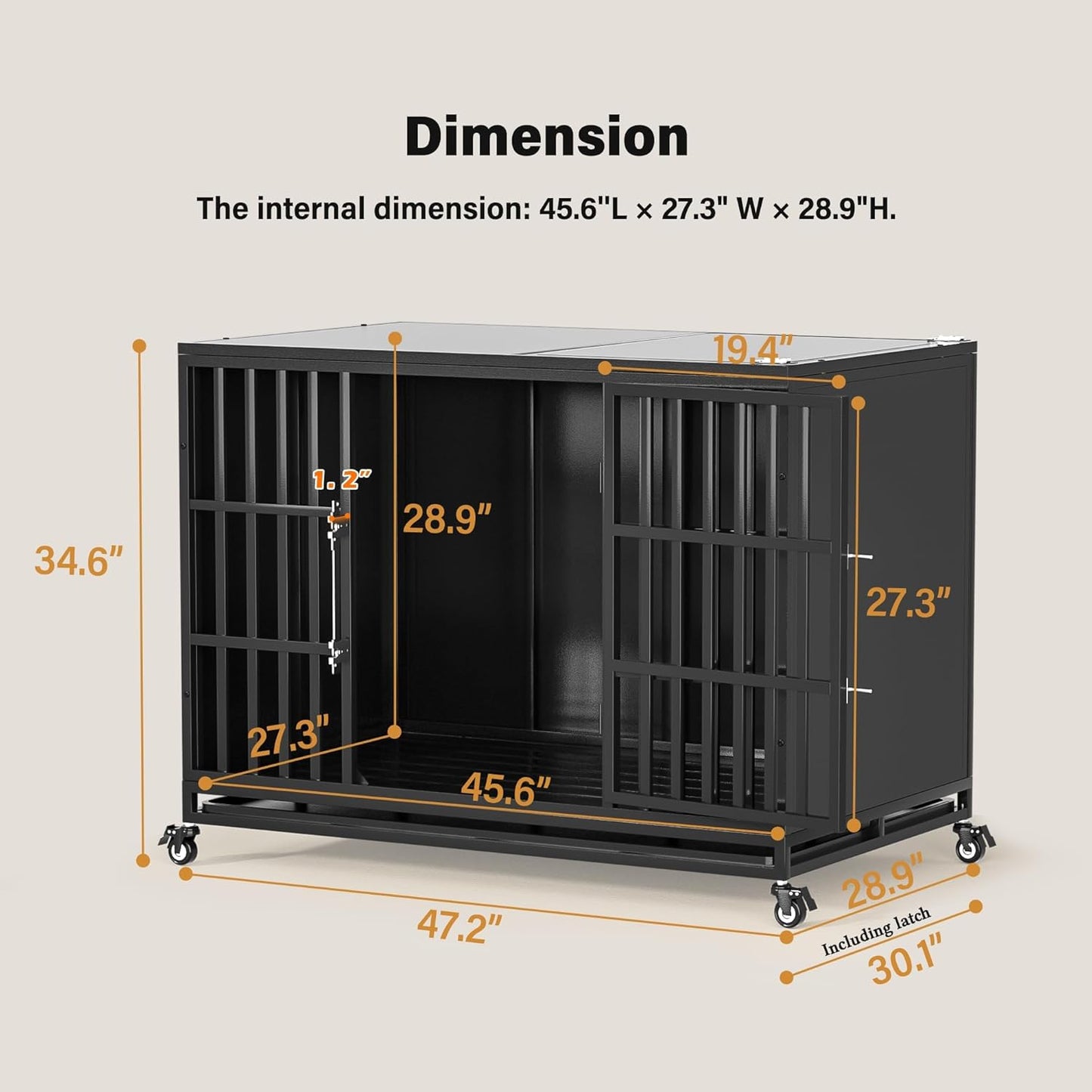 48 inch Heavy Duty Dog Crate with Self-Locking Latch, Indestructible Large Steel Kennel with Enclosed Design, Escape-Proof and Chew-Proof Pet Cage for High Anxiety Dogs