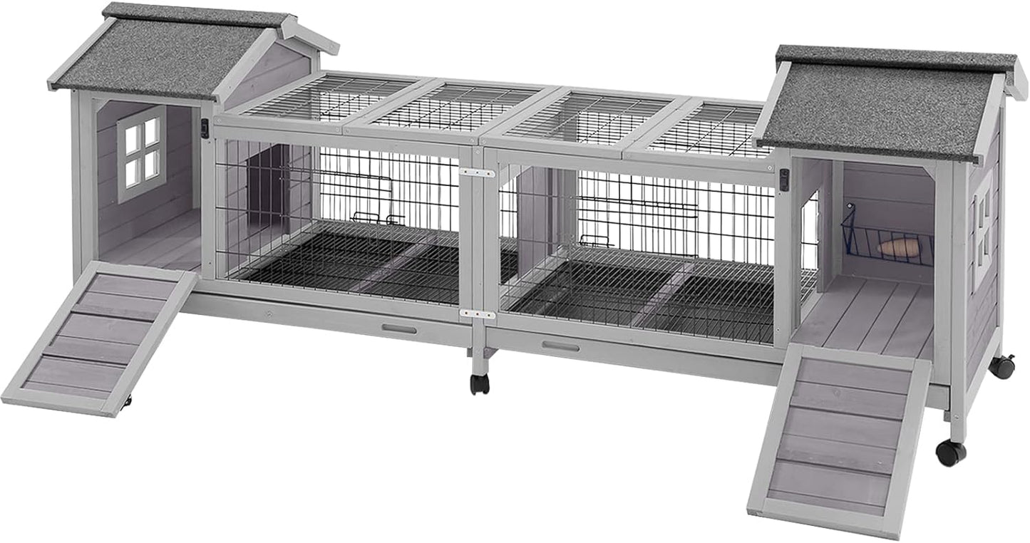 Aivituvin Rabbit Hutch Bunny Cage with Double House and Run Indoor Outdoor Guinea Pig House with Deeper No Leak Trays and Wheels