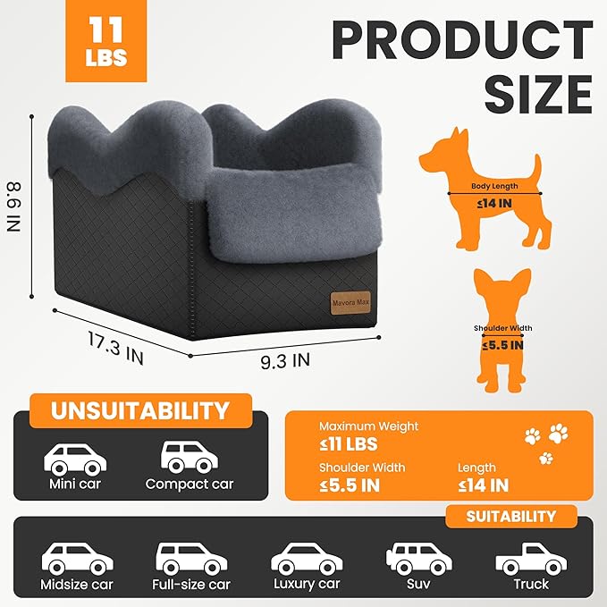 Portable Small Dog Seat for Car(Up to 11LB),Luxury Center Console Dog Car Seat Booster with Safety Tethers,Auti-Collapse Pet Travel Carrier for SUV,Truck.(Black/Grey)