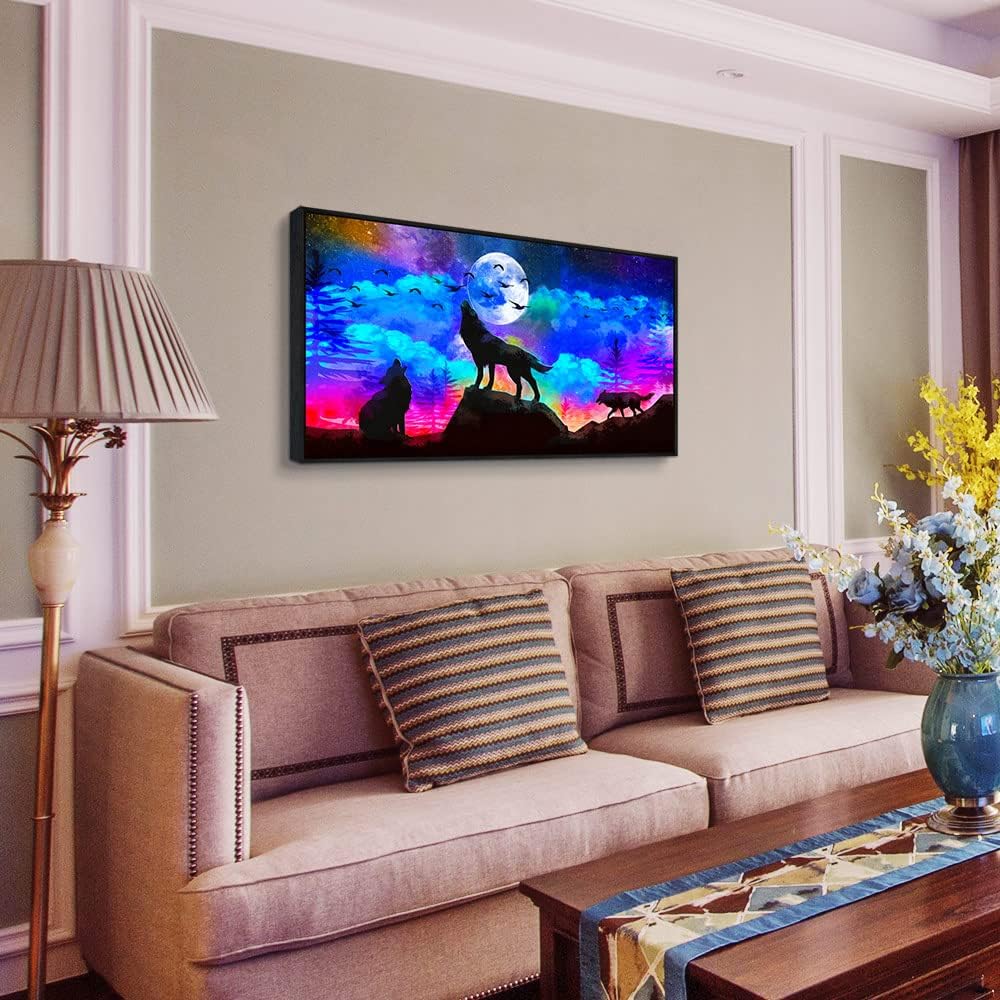 Framed Canvas Wolf Landscape Painting Canvas Wall Art For Living Room Bathroom Wall Decor For Bedroom Kitchen Artwork Canvas Art Prints Modern Office Home Decorations Blue Starry Sky Hang Pictures