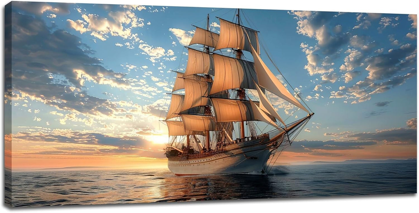 Large Nautical Ship Wall Art for Living Room Sailboat Ocean Landscape Art Big Space Size Bedroom Office Canvas Prints Pictures Painting Artwork Office Bedroom Home Decor 60"x30"