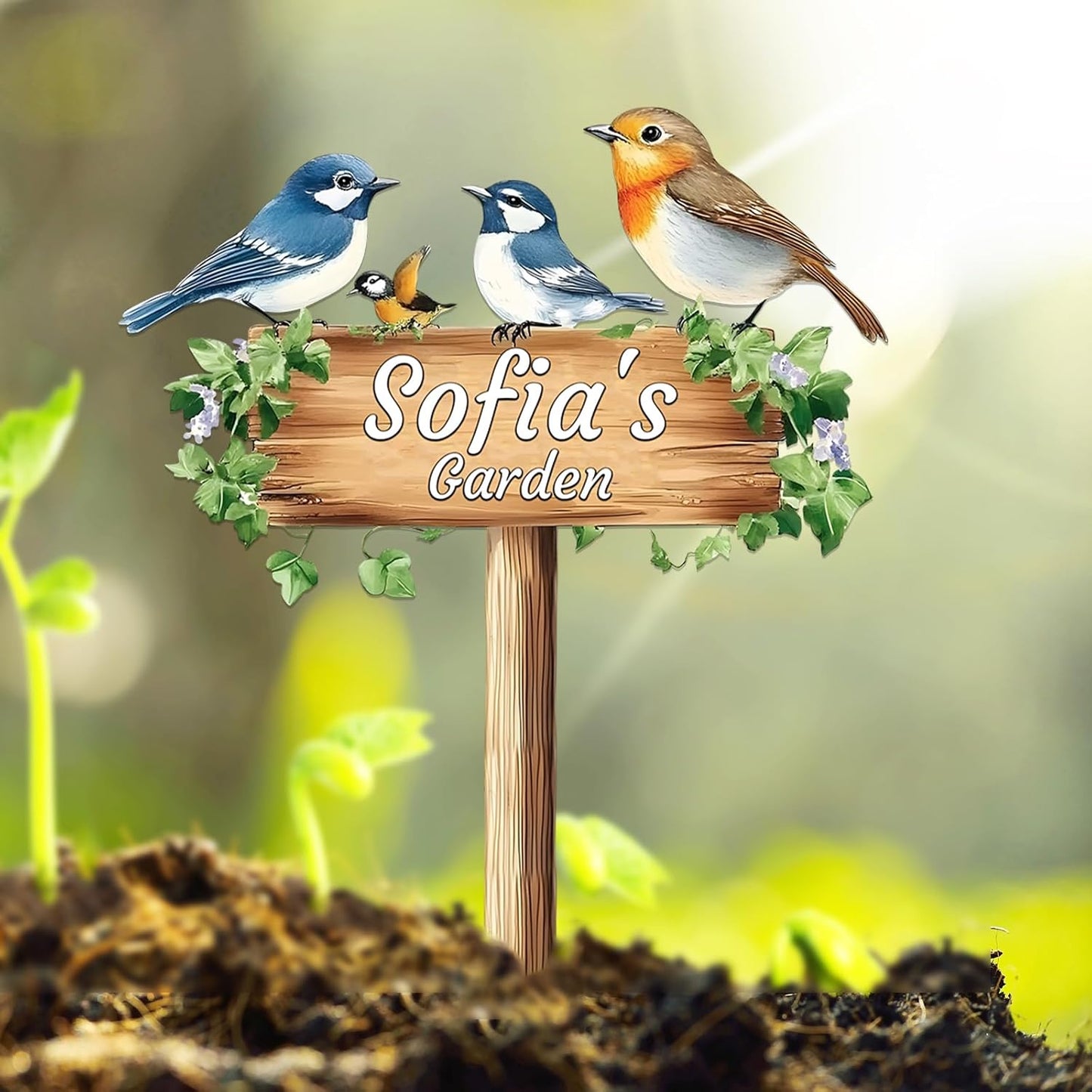 Personalized Colorful Bird Metal Sign with Stake,Custom Gardener Last Name Signs Outdoor Decorate,Customized Garden Accessories Decor for Mother,Birds on the Branch Plaques for Patio Lawn Porch Yard