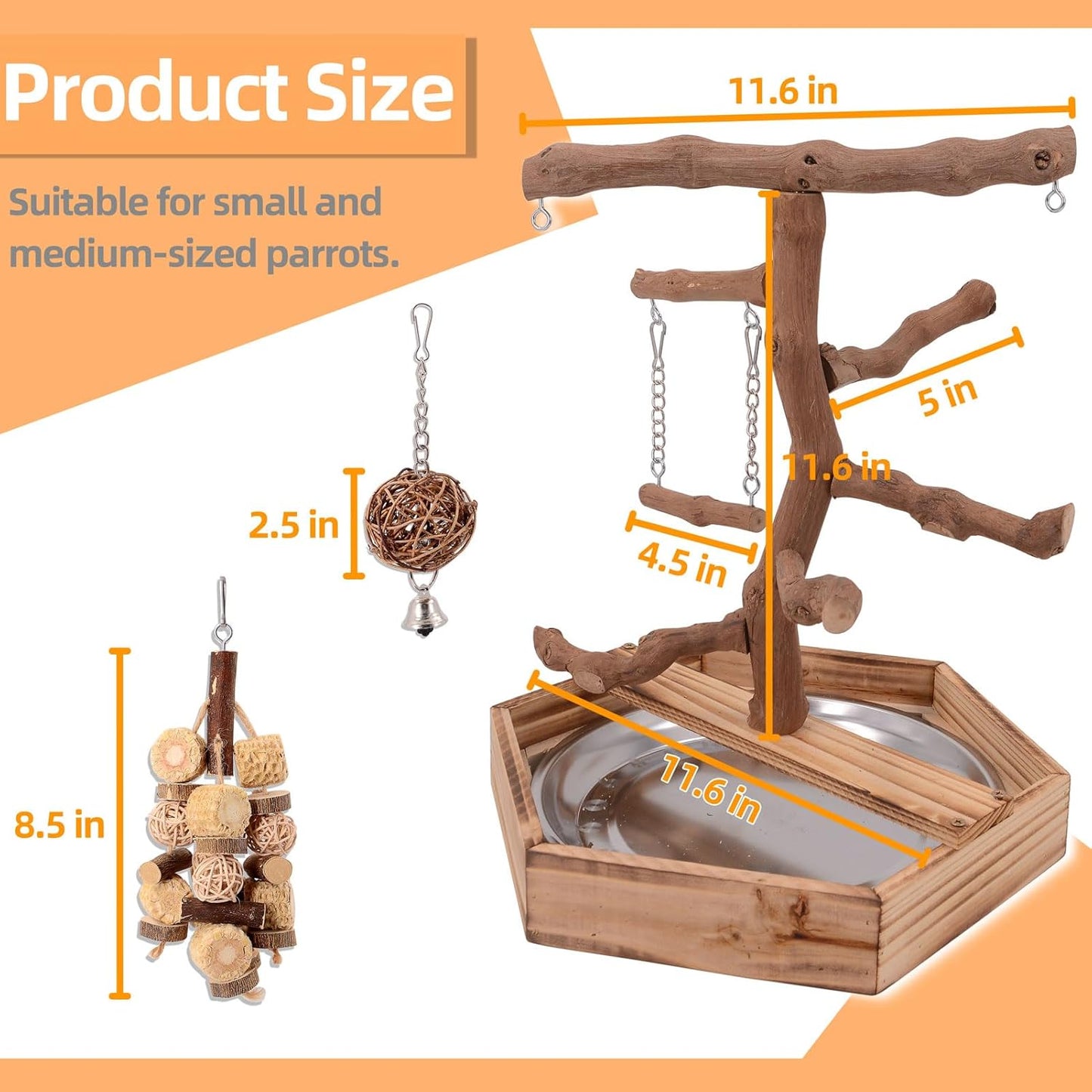 Natural Grape Wood Bird Parakeet Playground - Perch Stand for Parakeets, Cockatiels, and Small Birds Toys