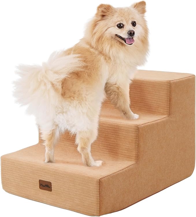 Made4Pets Dog Stairs for Small Dogs, Extra Wide Dog Steps for Bed Couch Sofa and Chair, 35D Foam Pet Steps for Small Dogs and Cats, Non-Slip Bottom Pet Stairs, Tan, 3 Steps
