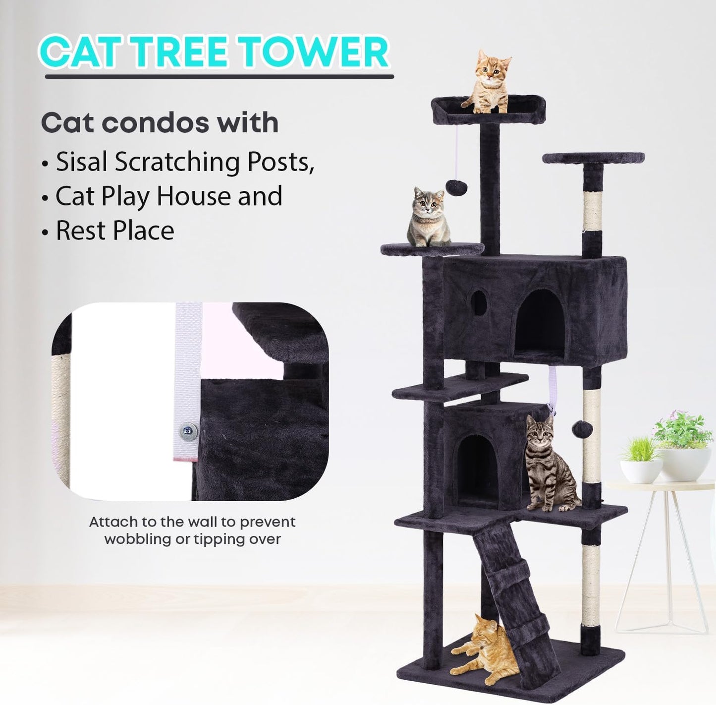 FDW Cat Tree 70in Cat Tower Multi-Level Durable Cat Scratching Post & Cozy Fun Cat Jumping Platform Space Saving Cat Condo Pet Play House for Indoor Cats,Ashy