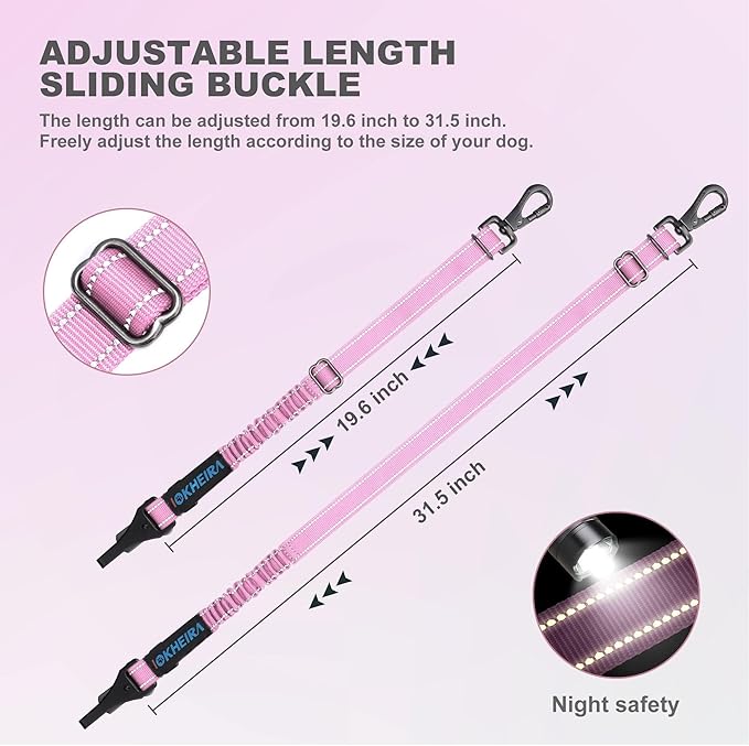 IOKHEIRA Dog Seat Belt 3-in-1 Car Harness for Dogs Adjustable Safety Seatbelt for Car Nylon Reflective Bungee Fabric Dog Car Harness with Clip Hook Latch & Buckle, Swivel Zinc Alloy Carabiner (Pink)