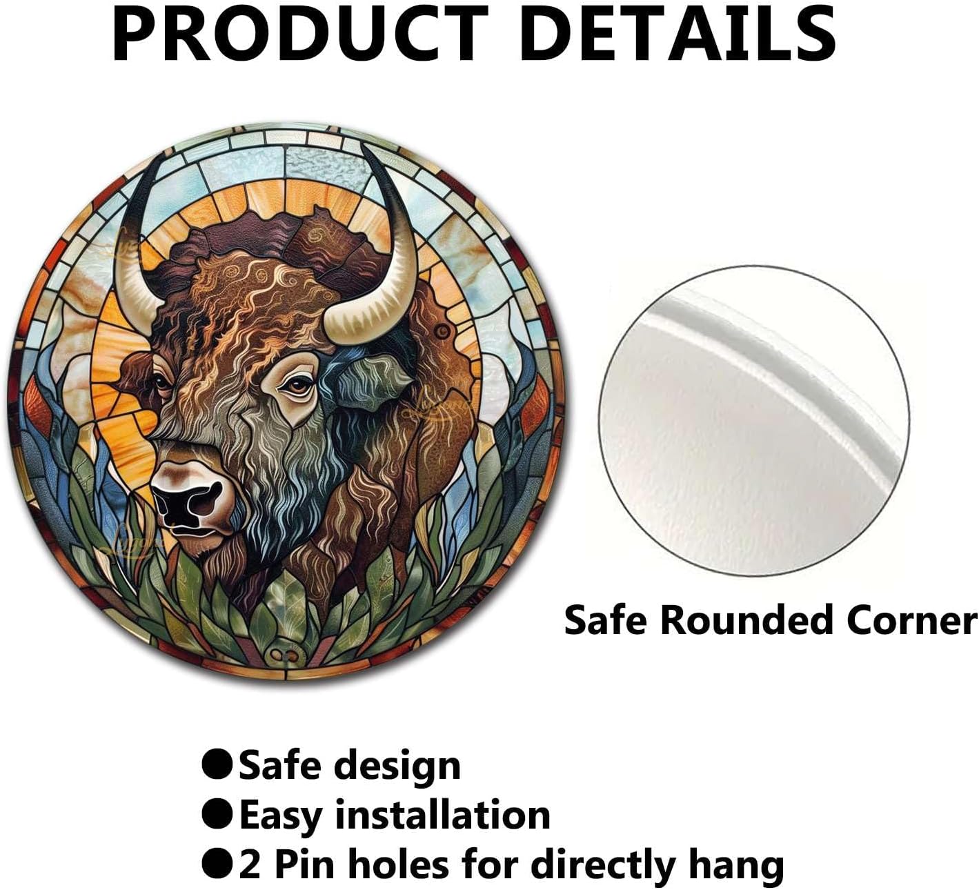 Lygond Metal Sign Tin Sign Circular Stained Glass American Bison Metal Sign for Pet 8×8 Inches