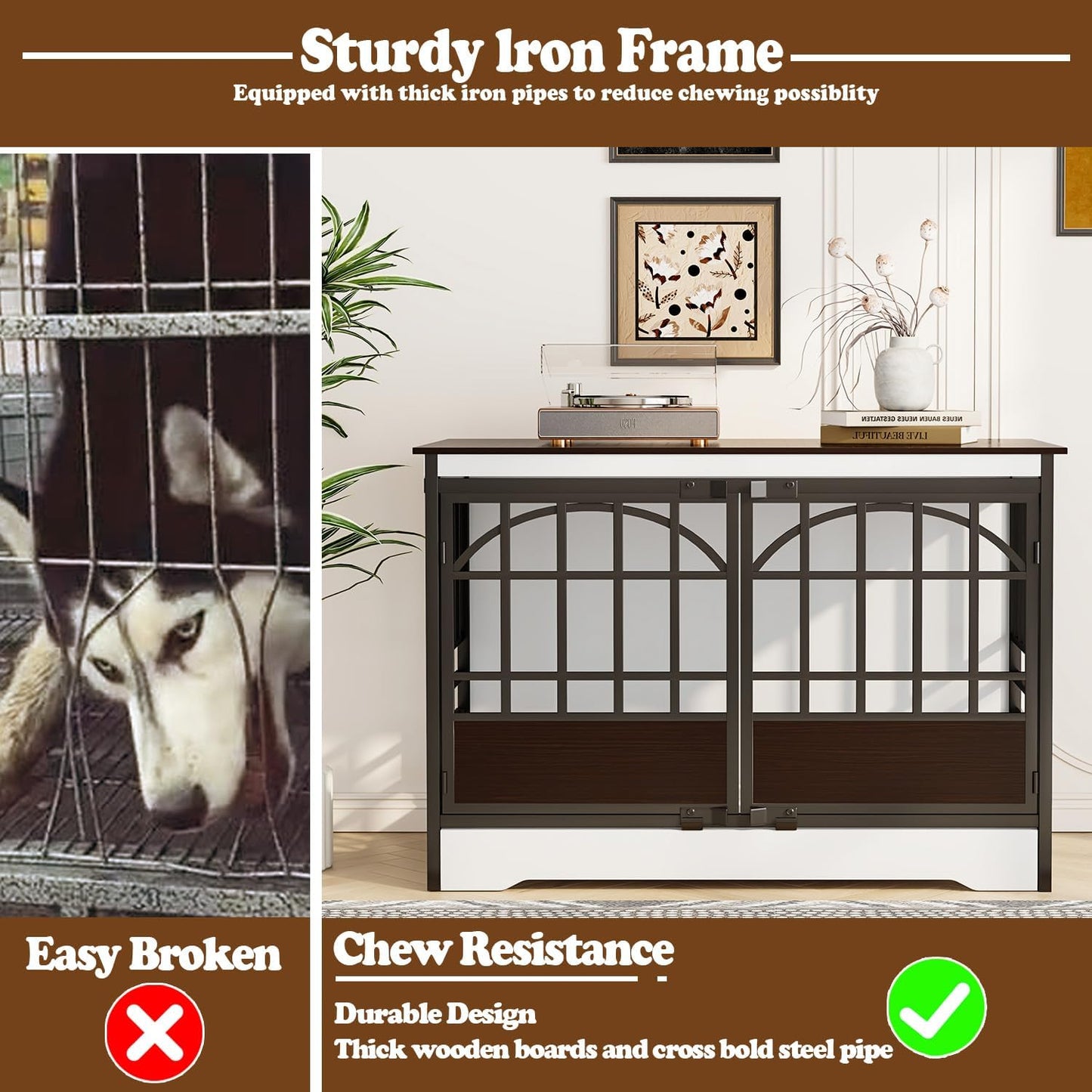 COZPAW 52 Inch Dog Crate Furniture, Extra Large Dog Kennel Indoor for XLarge Breed, Heavy Duty Dog Cage with Double Elegant Arched Doors, Decorate as TV Stand & End Table - White Brown