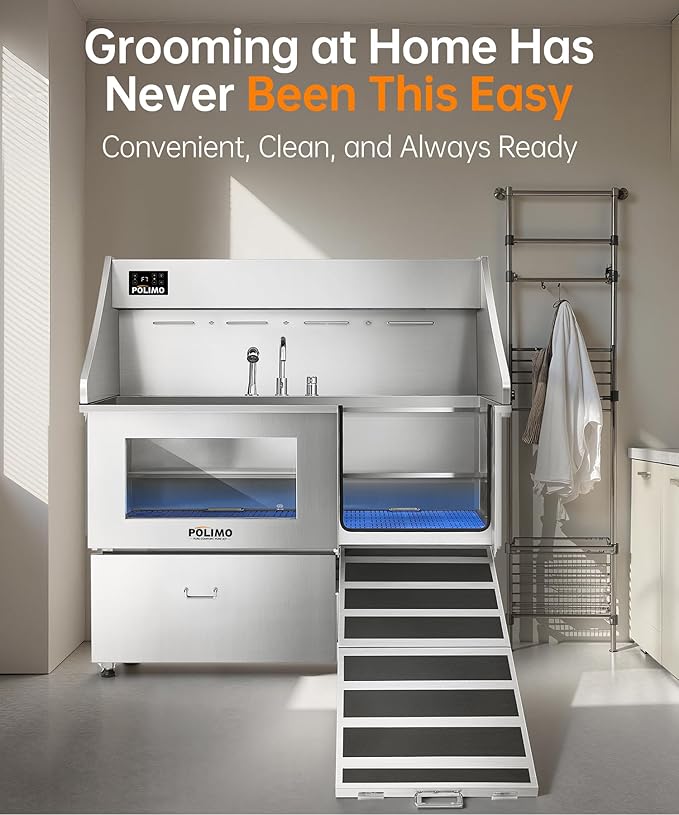 polimo Dog Wash Station with Pet Dryer & LED, Professional Dog Bathing Station for Large, Medium & Small Dogs – with Window, Ramp, Drawer, Floor Grate, LED Display & Faucet (Right RAMP & Dryer, 61")