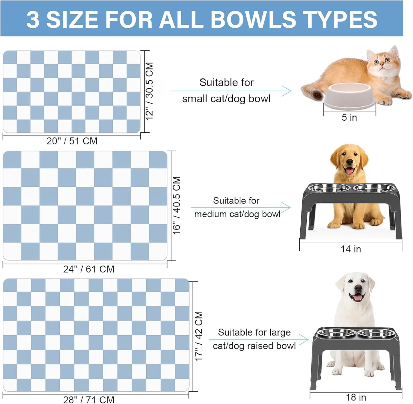 Pet Feeding Mat, 16"x 24" Absorbent Dog Food Mat, Checkered Cat Bowl Mats, Easy to Clean Pet Placemats, Quick Dry Dog Water Dispenser Mats for Messy Drinkers, Blue & White
