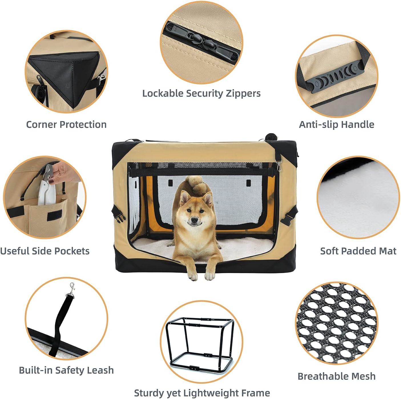 Pettycare 26 Inch Collapsible Foldable Soft Dog Kennel with Chew Proof Mesh Windows, Indoor & Outdoor Travel Dog Crate, Soft Side Dog Crate, Beige
