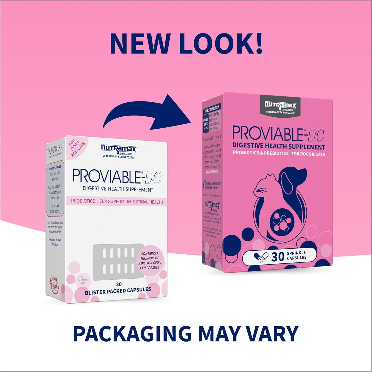 Nutramax Proviable Probiotics for Dogs and Cats, Daily Digestive Health Supplement with Multiple Strains of Bacteria, Cat and Dog Probiotics Plus Prebiotics, 30 Capsules