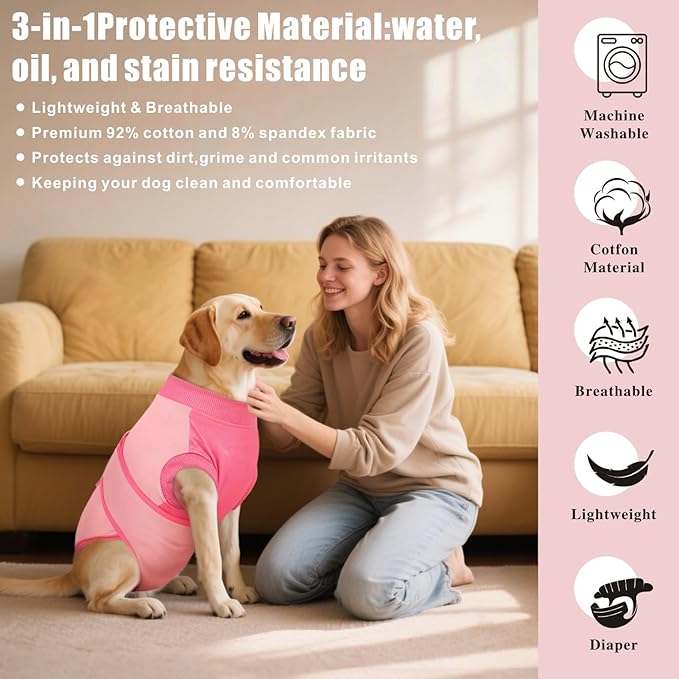 Idepet Dog Recovery Suit Female,Dogs Onesie Suit Surgery Male Breathable Pet Bodysuit for Spay Neuter E-Collar & Cone Alternative Surgical Suit Puppy Abdominal Anti Licking Wounds Shirt (Pink, L)