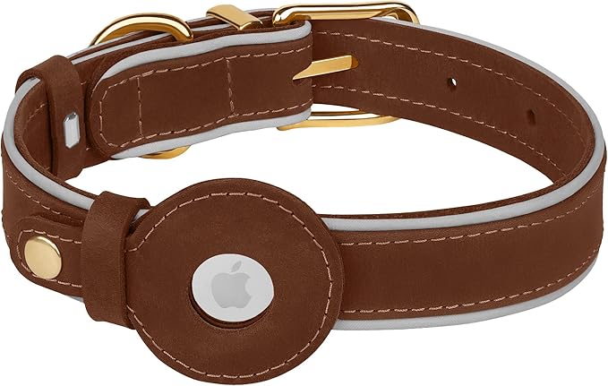 OOPSDOGGY Reflective Geniune Leather Airtag Dog Collar Soft Padded Collars for Small Medium Large Breed Dogs Puppy, 4 Sizes, 7 Colors (Brown, Small, 9"-12")