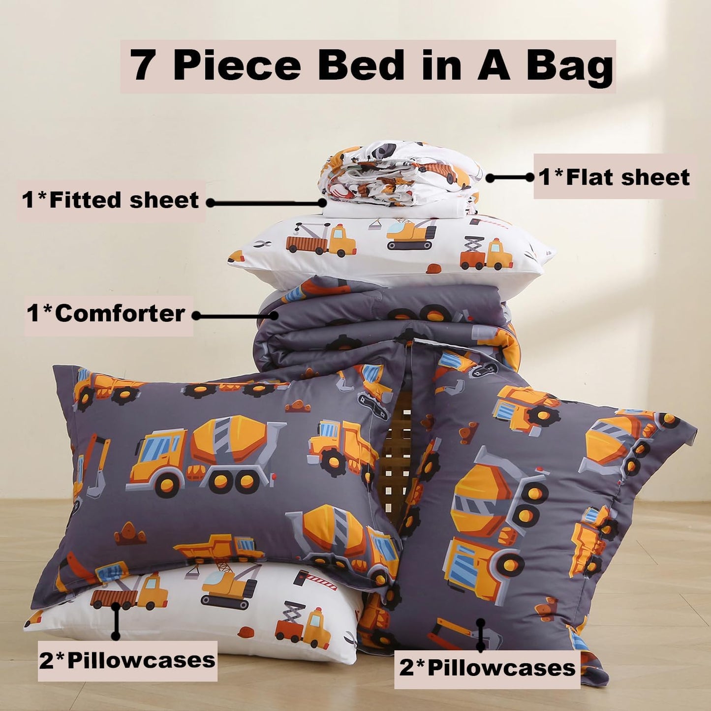 Kids Comforter Set 7 Piece Bedding Cute Car Cartoon Truck Bed Microfiber Comforter Queen Size All Season Excavator Car Truck Printed
