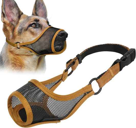 LUCKYPAW Dog Muzzle, Mesh Muzzle for Large Medium Small Dogs, Soft Mouth Guard for Biting Chewing, Breathable Mouth Guard with Adjustable Strap for Training(Brown, M(Snout:8.75"-9.5"))