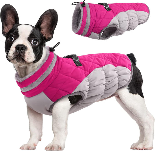 FUAMEY Dog Coat, Medium, Pink, Faux Fur - Waterproof, Windproof, Reflective Cold Weather Coat with Built-in Harness, Fits Dogs 11 lbs and Up