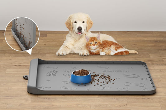 Dog Food Mat - Silicone Dog Mat for Food and Water - 28" x 20" Pet Feeding Mats with Residue Collection Pocket - Waterproof Dog Cat Bowl Mat with High Edges to Prevent Water Food Spills (Gray)