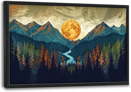 Quorin Boho Mountain Large Wall Art Mountain Landscape Pictures Moon Pine Tree Forest Lake Wall Decor Nature Canvas Print Painting Artwork for Bathroom Living Room Bedroom 36L x 24W