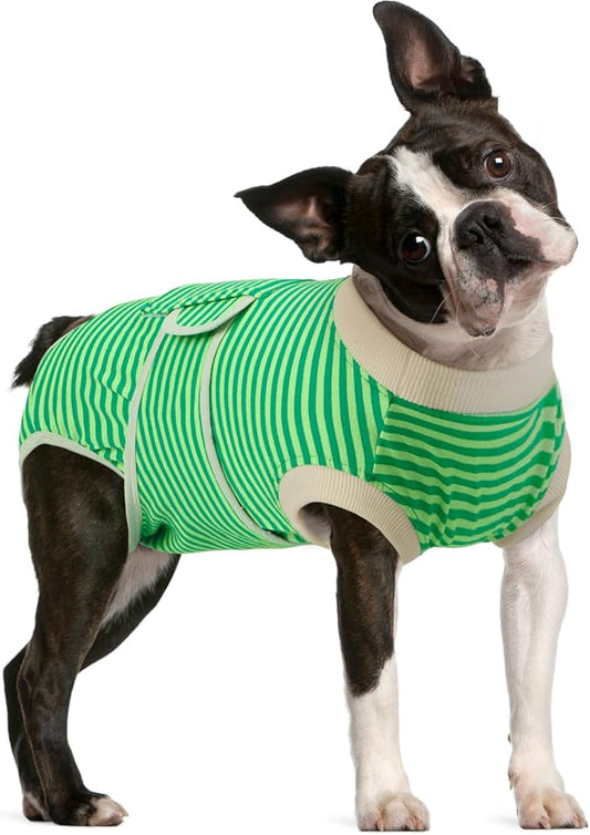 FUAMEY Dog Recovery Suit Male,Dogs Surgery Neuter Suits Puppy Spay Shirts for Female Protect Dog's Skin Anti Licking Abdominal Wounds Doggie Onesie Pet Bodysuit Alternative to Cone Green Stripes L