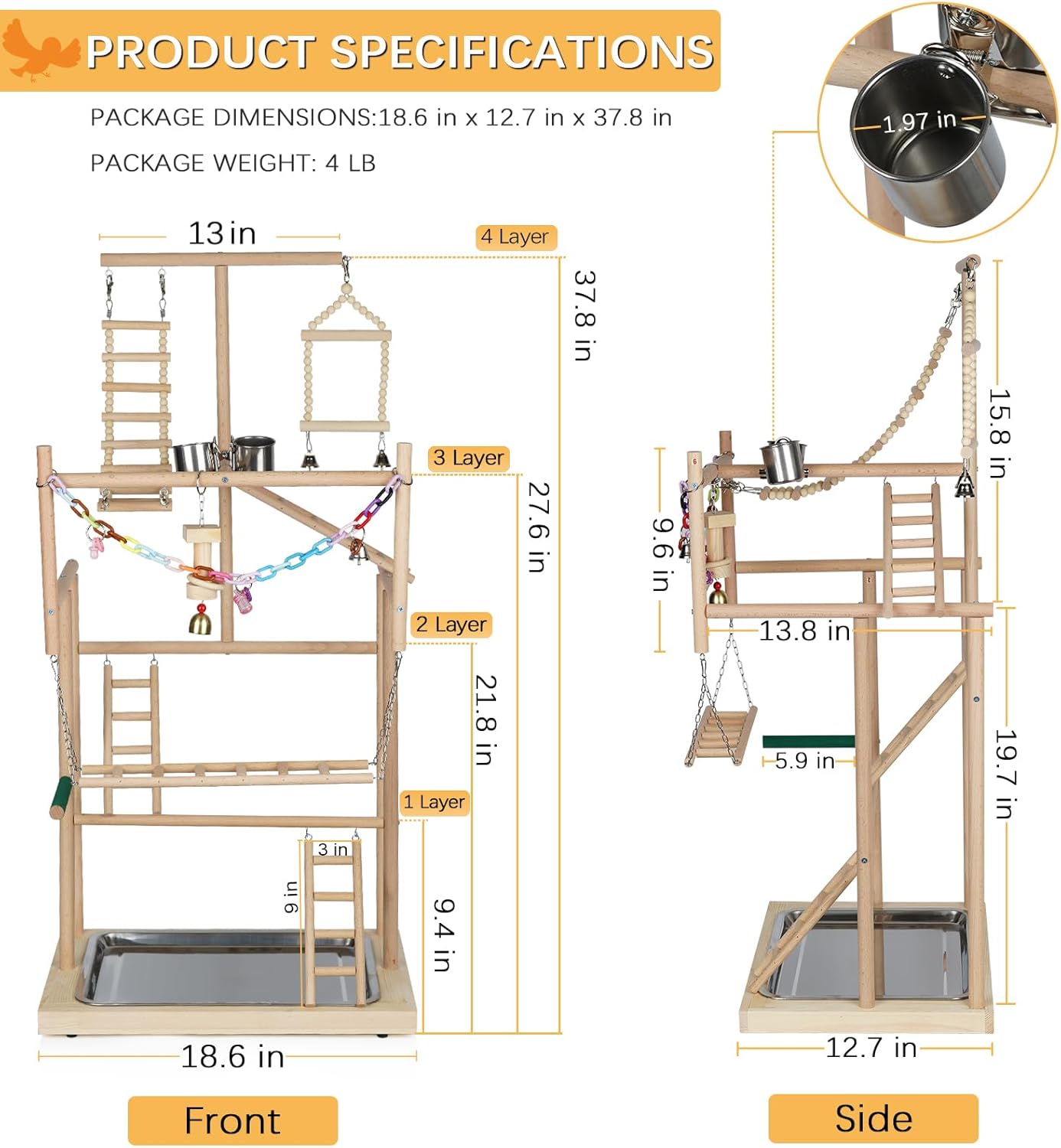 Pet Parrot Playstand Parrots Bird Playground Bird Play Stand Wood Perch Gym Playpen Ladder with Feeder Cups Bells for Cockatiel Parakeet (4 Layers)