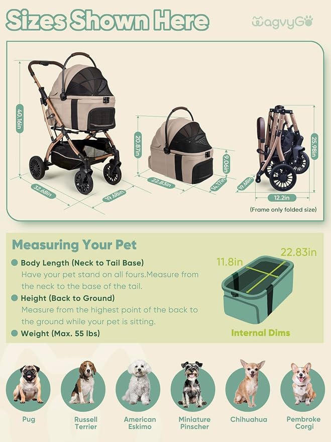 Dog Stroller, Cat Strollers, 5-in-1 Pet Stroller with Detachable Waterproof Carrier for Small/Medium Dogs Cats up to 55lbs, All-in-One Fold Without Detaching Carrier for Dogs Cats 10 lbs to 55 lbs