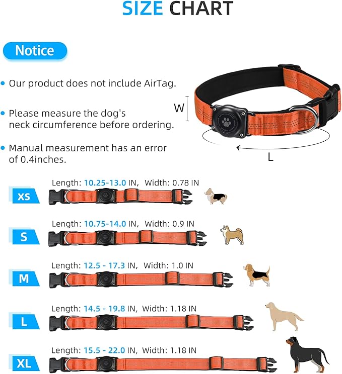 Upgraded AirTag Dog Collar, IP68 Waterproof Air Tag Dog Collar Holder, Reflective, Ultra-Durable, Comfortable Padded, Heavy Duty Dog Collars for Small Medium Large Dogs (S (10.6"-13.6"), Orange)