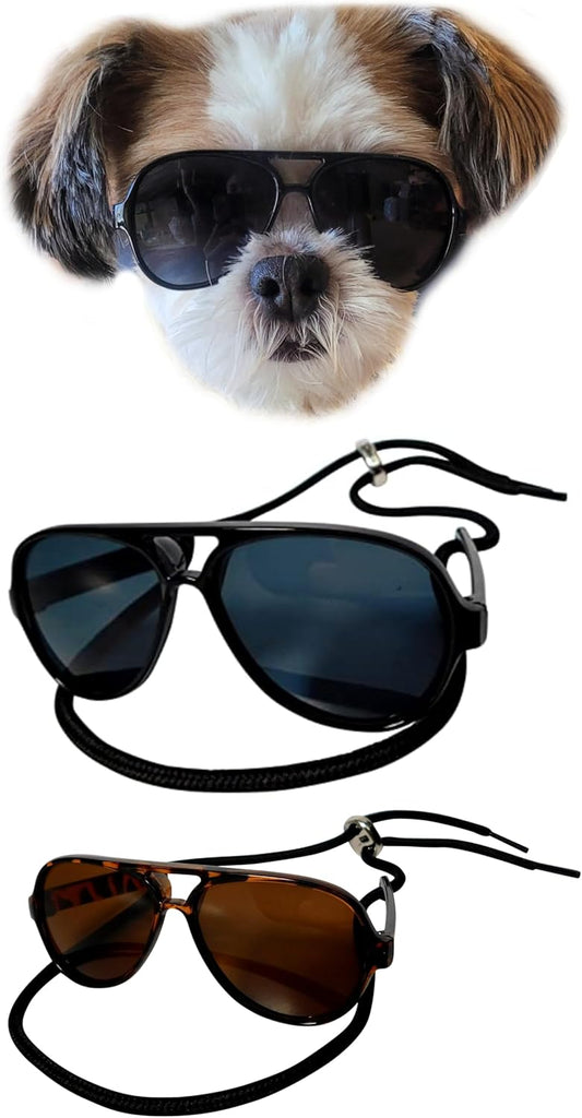 G029 Dog Cat Pet Aviator Pilot Sunglasses Glasses for Small Breeds up to 15lbs (2-Pack Black + Tortoise Brown)