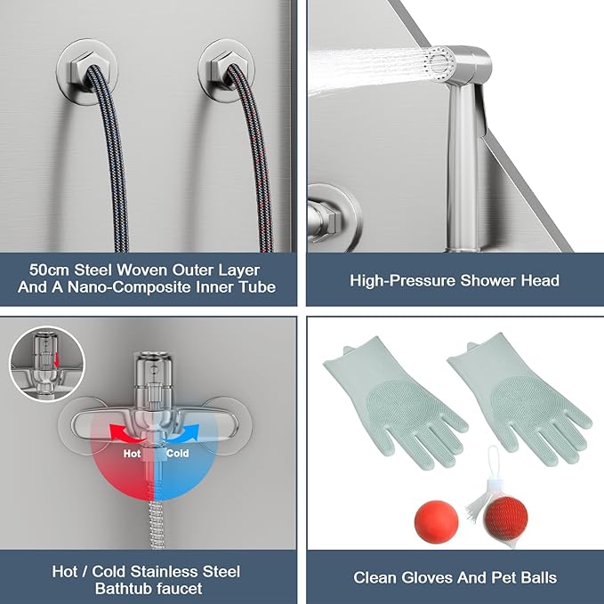 50" Pet Dog Bathing Station, Stainless Steel Dog Bathtub W/Ramp, Floor Grate, Dog Bath Brush, Washing Gloves for Home, Professional Dog Washing Station for Pets (50 Inch Left Door)