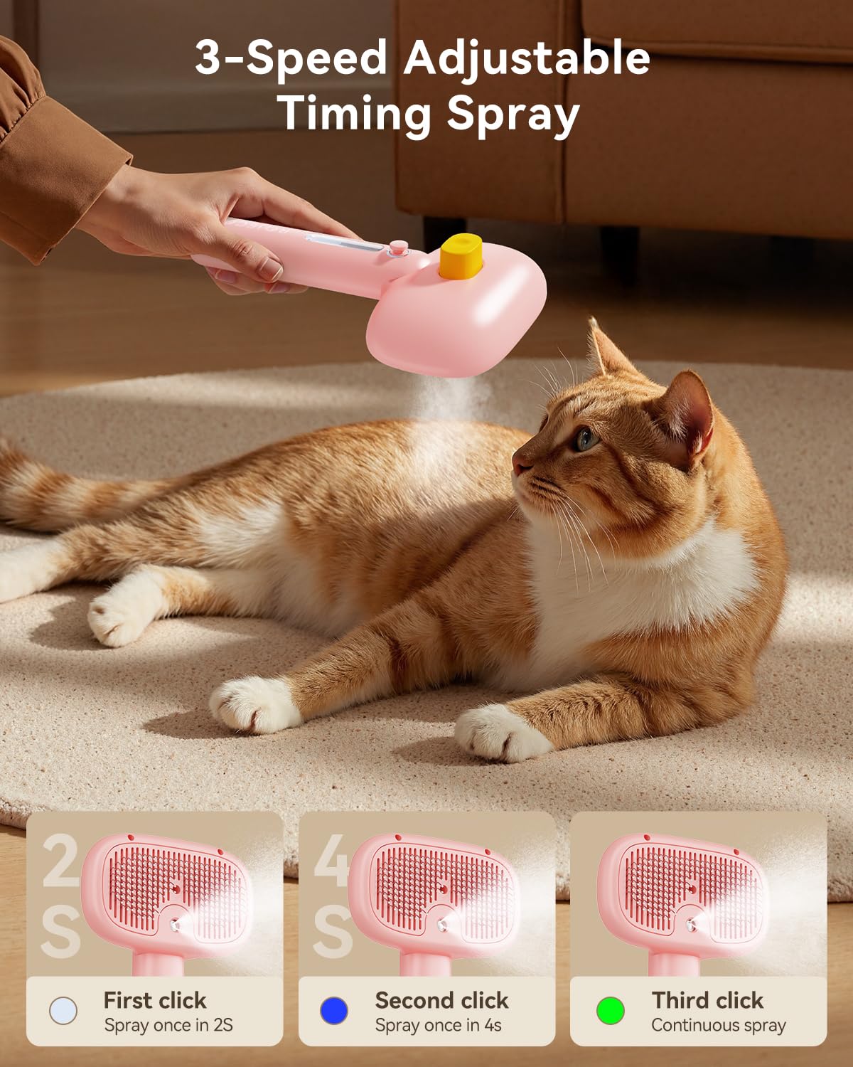 ROJECO 3-in-1 Pet Steam Brush for Cats&Dogs - Detangling Comb with Adjustable Mist, Handheld Deshedding Grooming Tool for Long/Short Hair, Massage Brush & Shedding Control Gift,Cordless,Pink