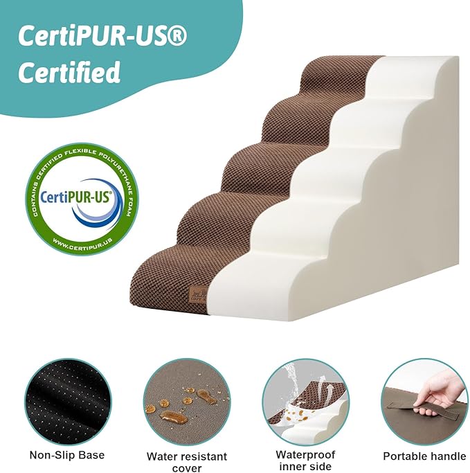 Dog Stairs for High Bed 22.6" H, Small Dog Step for Puppy, Older or Cat, Curved Ramp for Car, Ladder with High Density Foam, Lightweight, Durable, 15.7x33x22.6 inch, 5 Step, Brown