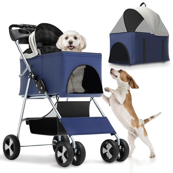 Magshion Foldable Pet Stroller, 3-in-1 Dog Travel Jogger with Detachable Carrier, Cup Holder, Storage Basket, Folding Carrier for Small/Medium Dogs & Cats Up to 33 lbs, Navy Blue