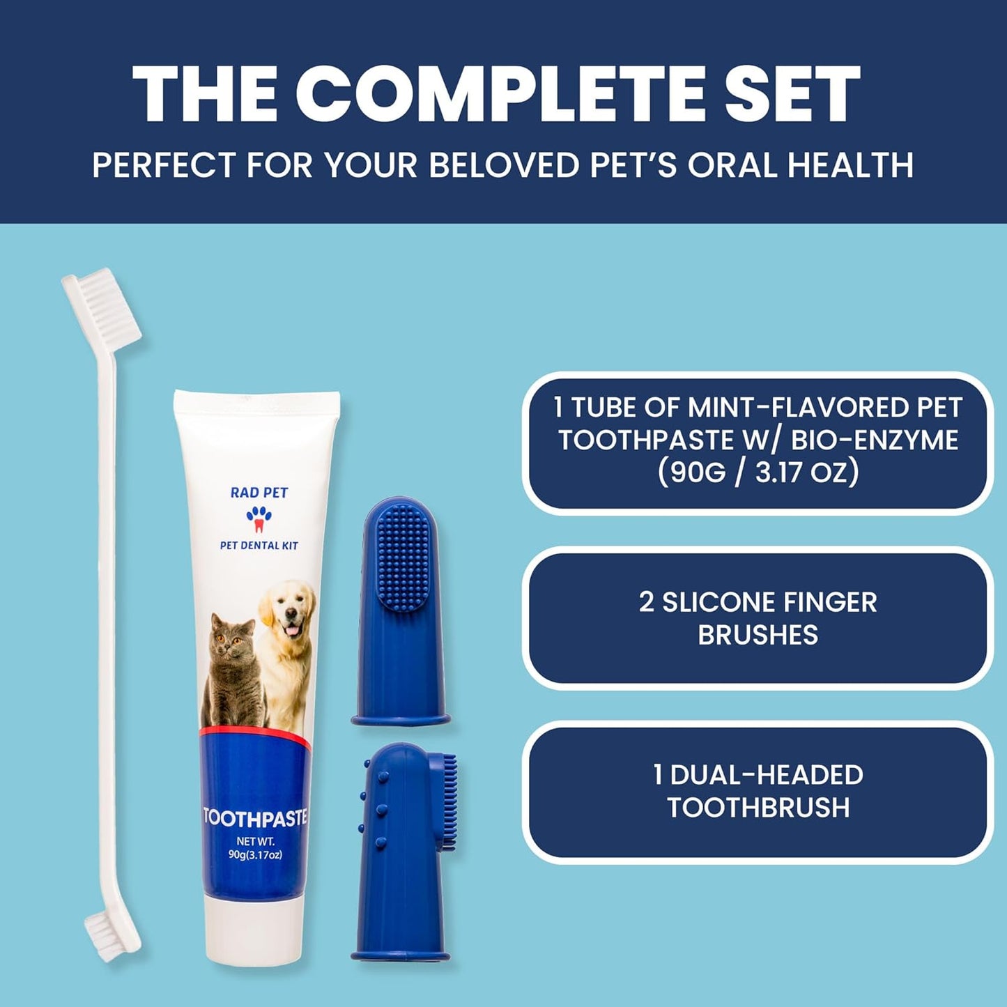 Rad Health Dental Kit - Dog Toothbrush and Toothpaste Kit for Daily Oral Care, Dual Brushes for Deep Cleaning, Safe for Cats & Dogs, Reduces Bad Breath, Prevents Gum Disease