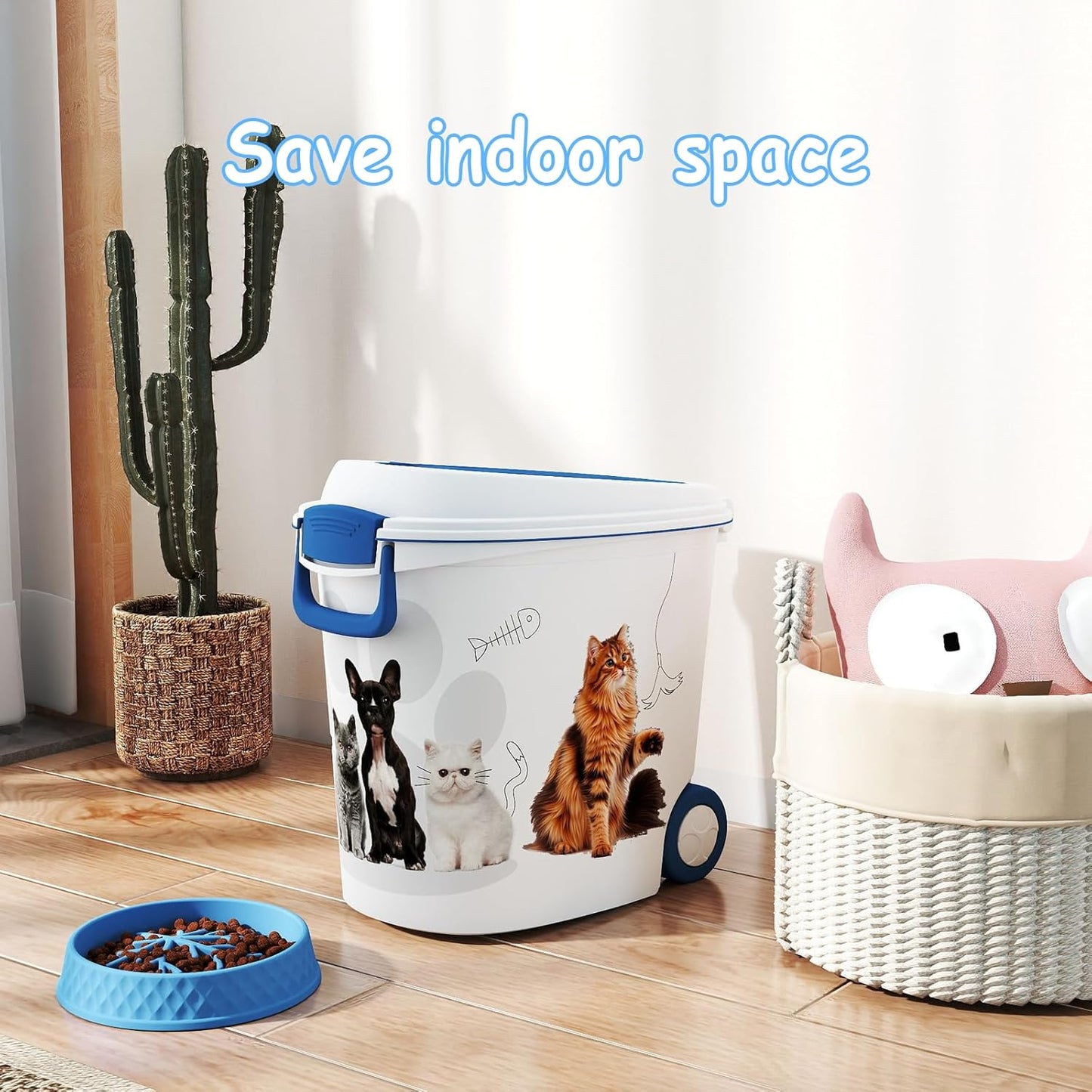 Pet Food Storage Container with Scoop & Slow Feeder Bowl – 40LB Large Capacity Dog Cat Food Dispenser, Durable Resin Dry Kibble Keep Food Fresh Organizer for Dogs Cats Birds, Blue