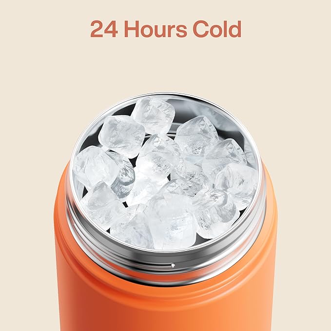 Kids Insualated Water Bottle with Straw - 12oz Stainless Steel Water Bottle with Dual Spouts, Leak-Proof, BPA-Free, Double Wall Vacuum Keeps Cold for 24 Hours for Sports, Travel (Moderate Orange)